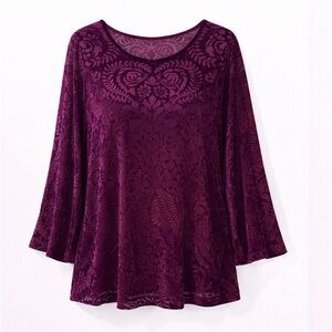 💜 Roz & Ali Semi Sheer Flocked Purple Velvet Blouse